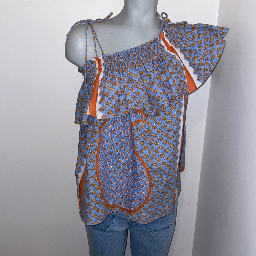 Antik Batik Austin one shoulder ruffled floral print cotton blue orange small